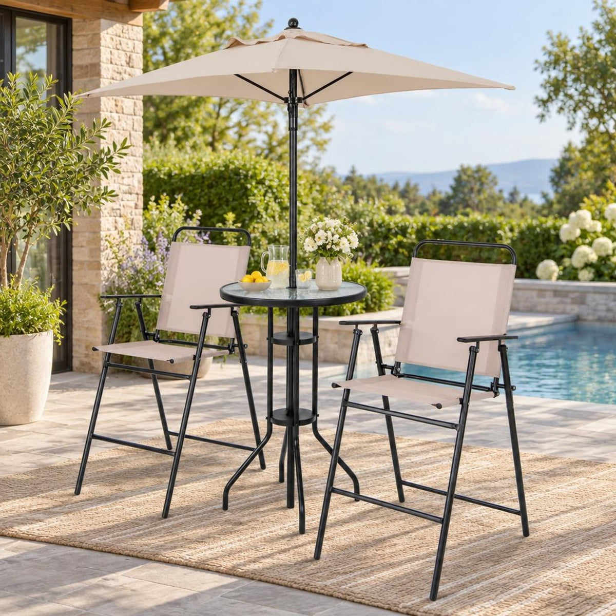 Airfind 4 Pieces Outdoor Bar Set with Umbrella, 110 lbs Capacity, Fabric Metal Tempered Glass Polyester Frame, 24 x 24 x 36 Footprint, Beige