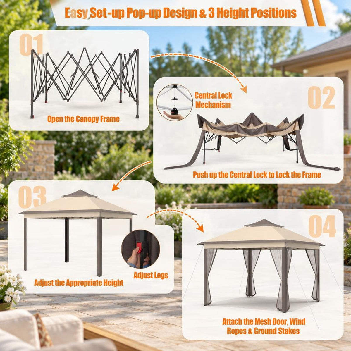 Airfind 2-Tier Pop-Up Gazebo Tent Portable Canopy Shelter Carry Bag Mesh, Polyester fabric steel pipe Frame, Brown