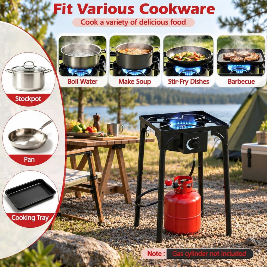 Airfind 1 Burner 80000 BTU Propane Camp Stove featuring Adjustable Regulator and Hose, 220 lbs Capacity, Metal Cast Iron PVC ABS Frame, Black