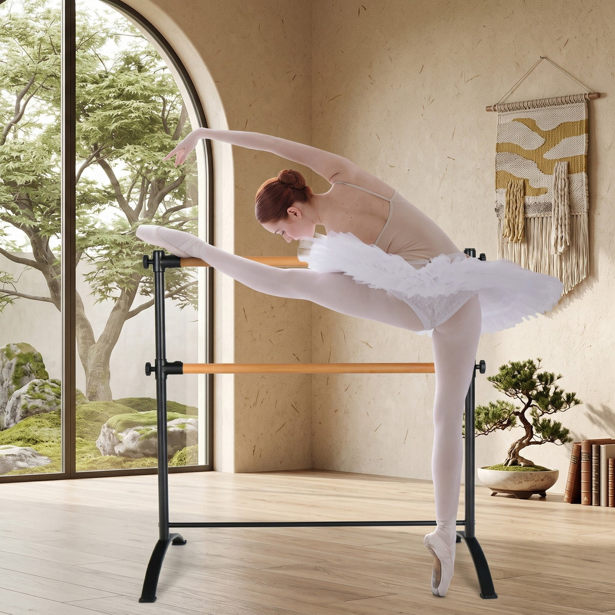 Airfind 4 Foot Freestanding Double Ballet Barre with Beech Wood Rails and 4 Level Height Adjustment for Studio and Home, Black