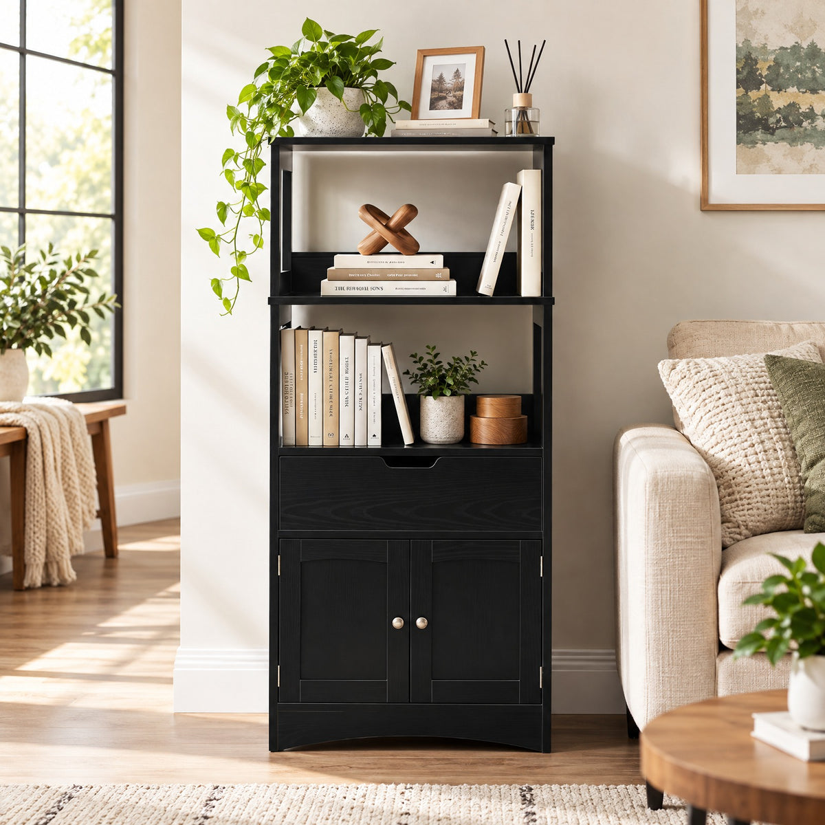 Airfind Bathroom Storage Cabinet with Drawer and Shelf Floor Cabinet, 20 lbs Capacity, MDF PB Frame, Black