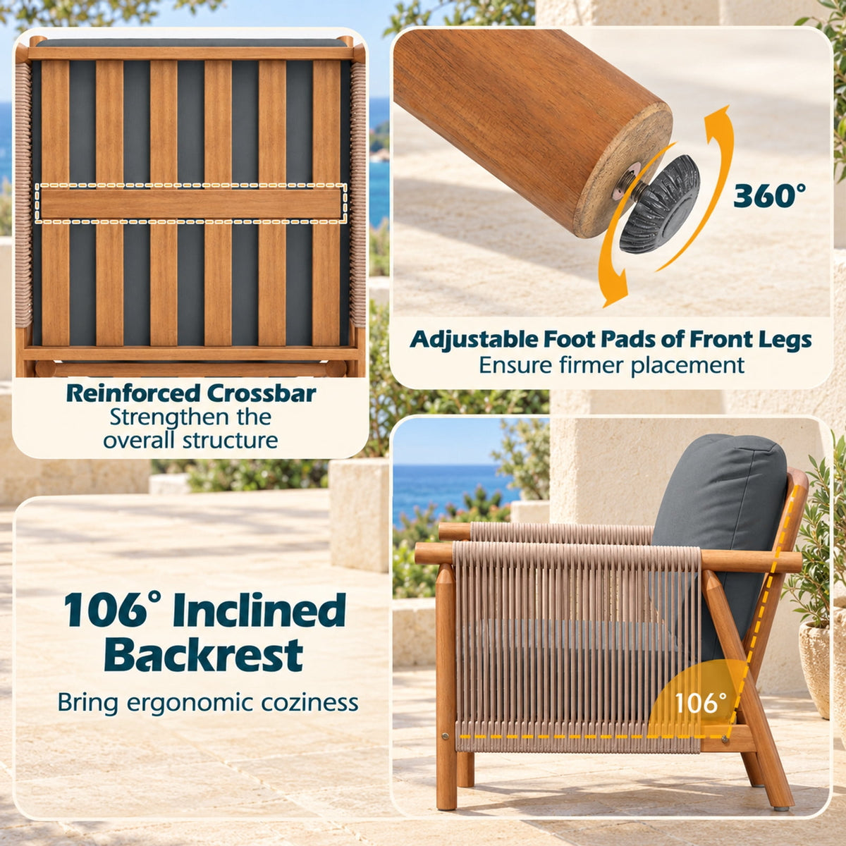Airfind Patio Acacia Wood Chair Set of 4 with Woven Rope Armrests and Seat Back Cushions for Backyard, 400 lbs Capacity, Gray