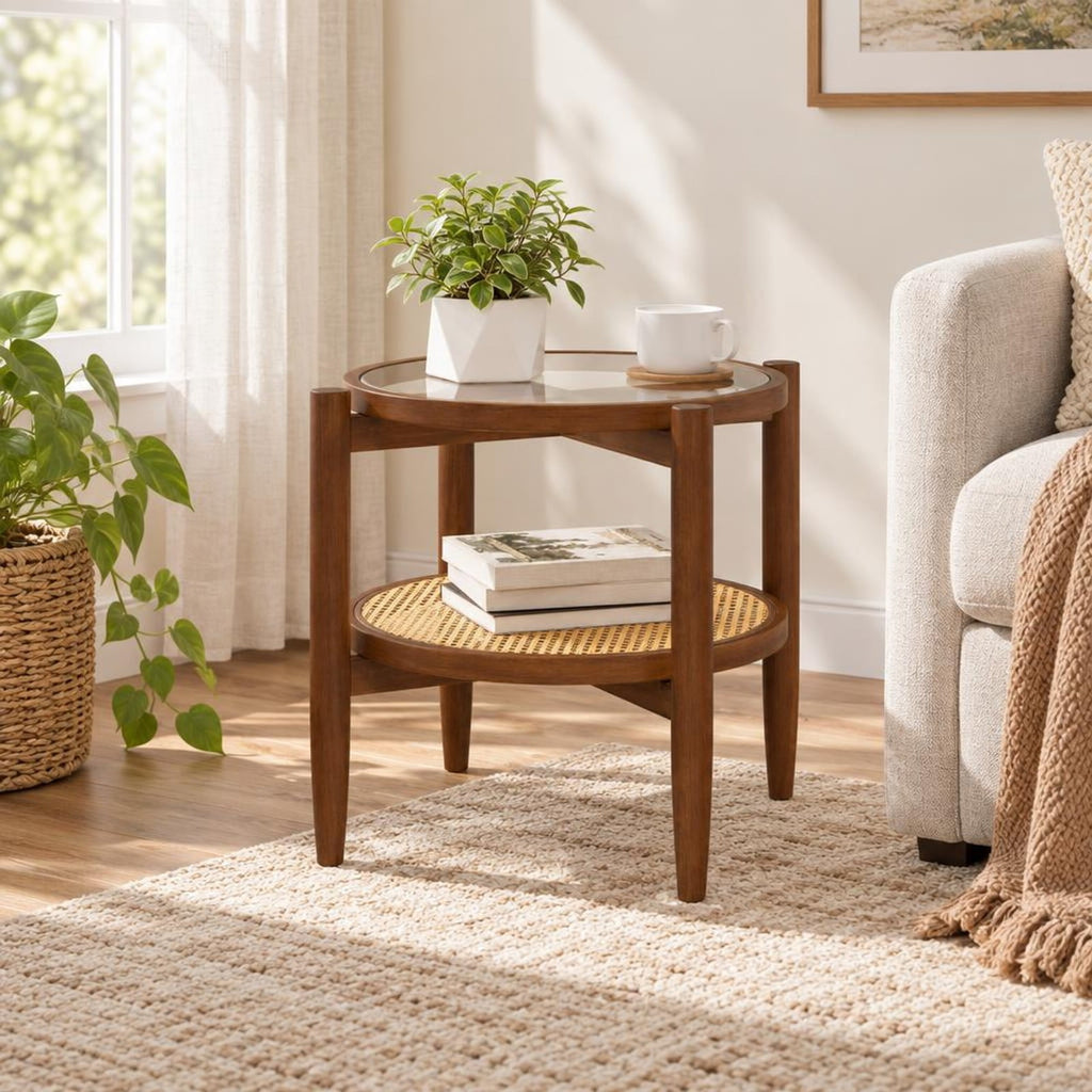Airfind Rattan Round Side End Table with Tempered Glass Tabletop, 77 Lbs Capacity, Acacia Wood Plywood Tempered Glass PE Rattan, Walnut