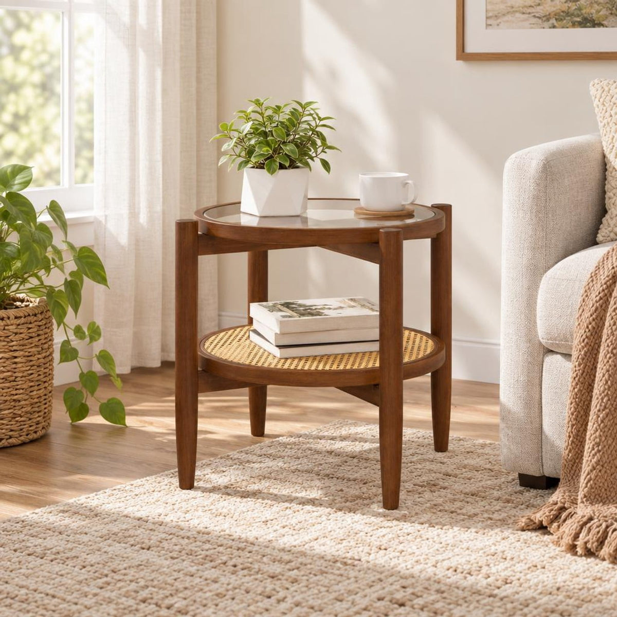Airfind Rattan Round Side End Table with Tempered Glass Tabletop, 77 Lbs Capacity, Acacia Wood Plywood Tempered Glass PE Rattan, Walnut