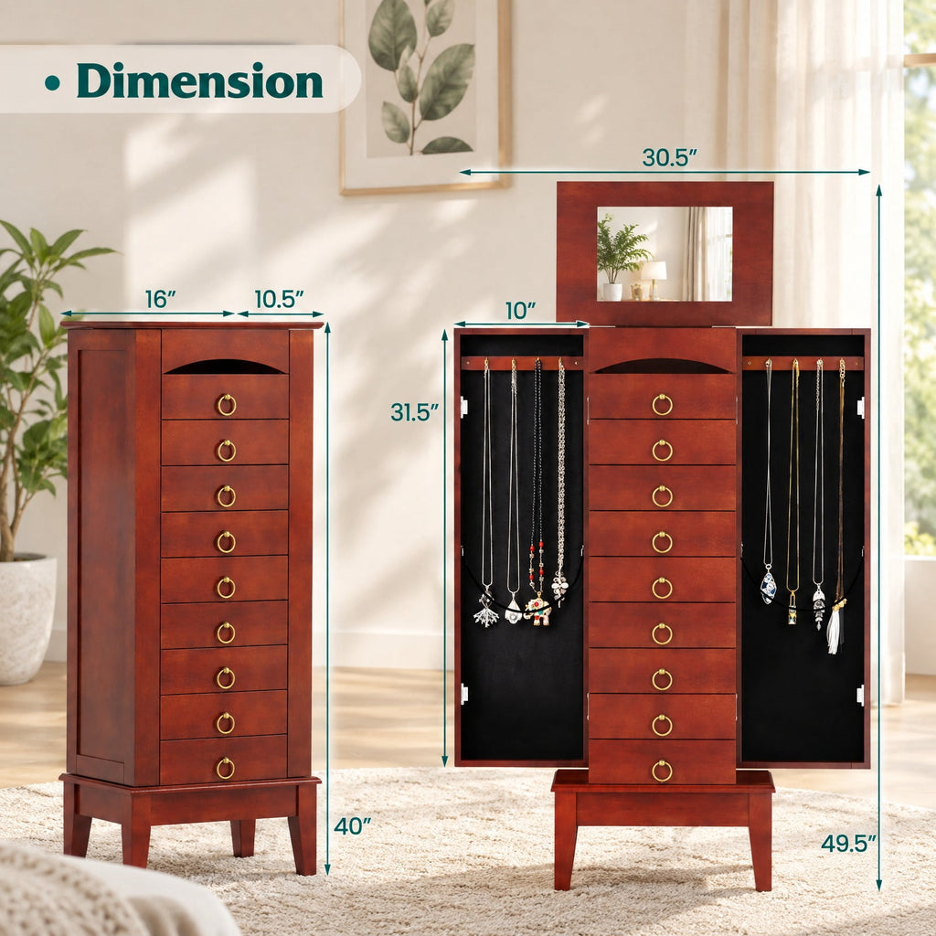 Airfind Large Capacity Jewelry Storage Cabinet with 9 Drawers, MDF Glass Frame, 16in x 10.5in x 40in Footprint, Walnut