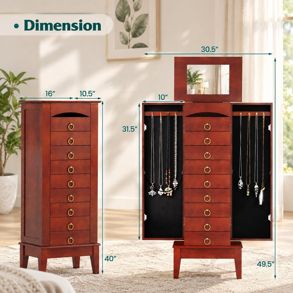 Airfind Large Capacity Jewelry Storage Cabinet with 9 Drawers, MDF Glass Frame, 16in x 10.5in x 40in Footprint, Walnut