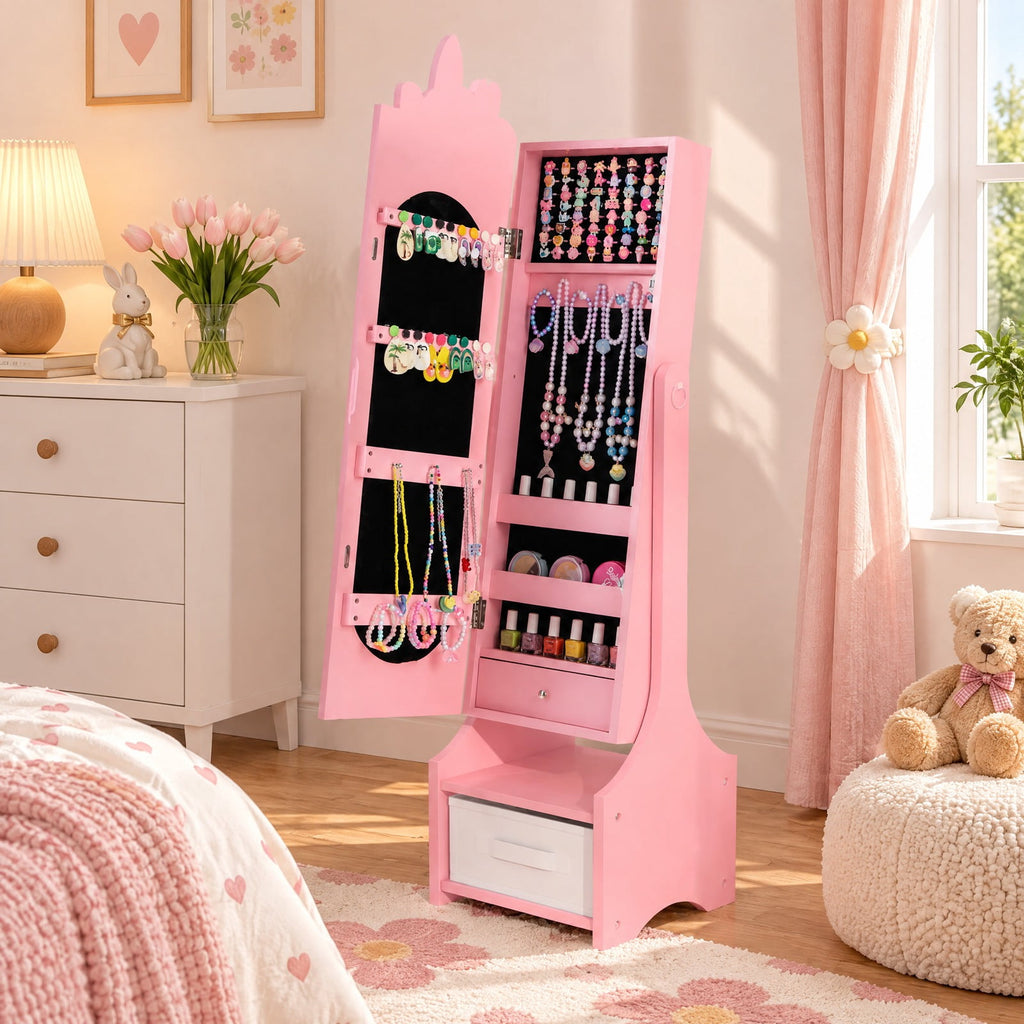 Airfind Kids Jewelry Armoire Cabinet with Storage and 2 Tilt Angles, MDF Frame, 12.5 x 12 x 45.5 Footprint, Pink