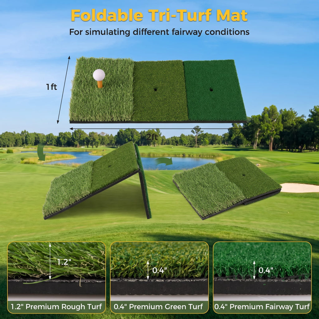 Airfind 10.3 x 6.5 Foot Golf Practice Net with Foldable Tri Turf Hitting Mat and Carry Bag for Backyard Garage and Indoor Swing Training, Black