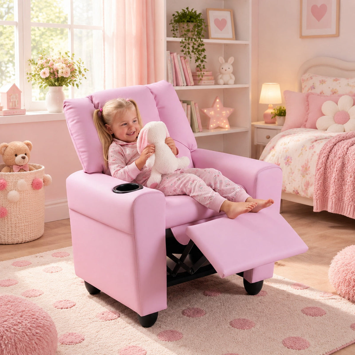 Airfind Kids Recliner Chair Push Back Toddler Reclining Armchair with Cup Holder, 150 lbs Capacity, Wood Frame, for 3+ years old, PInk