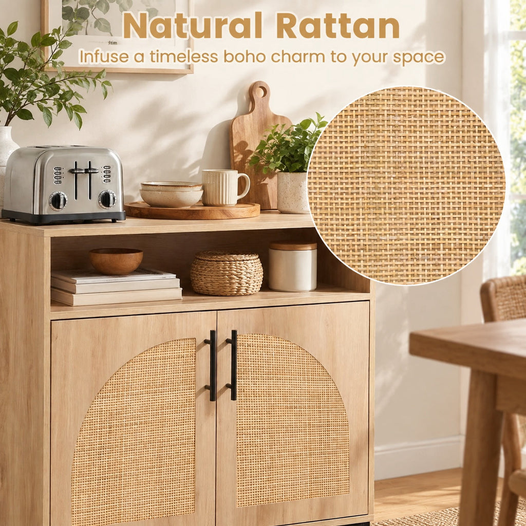 Airfind 32 Sideboard Buffet Cabinet with 2 Natural Rattan Decorated Doors and Adjustable Shelf, 145 lbs Capacity, 32 x 15 x 32.5 Footprint