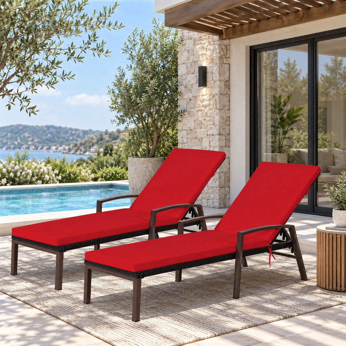 Airfind 2 Pieces Patio Rattan Adjustable Back Lounge Chair with Armrest and Removable Cushions, 400 lbs Capacity, Steel Rattan Frame, Red