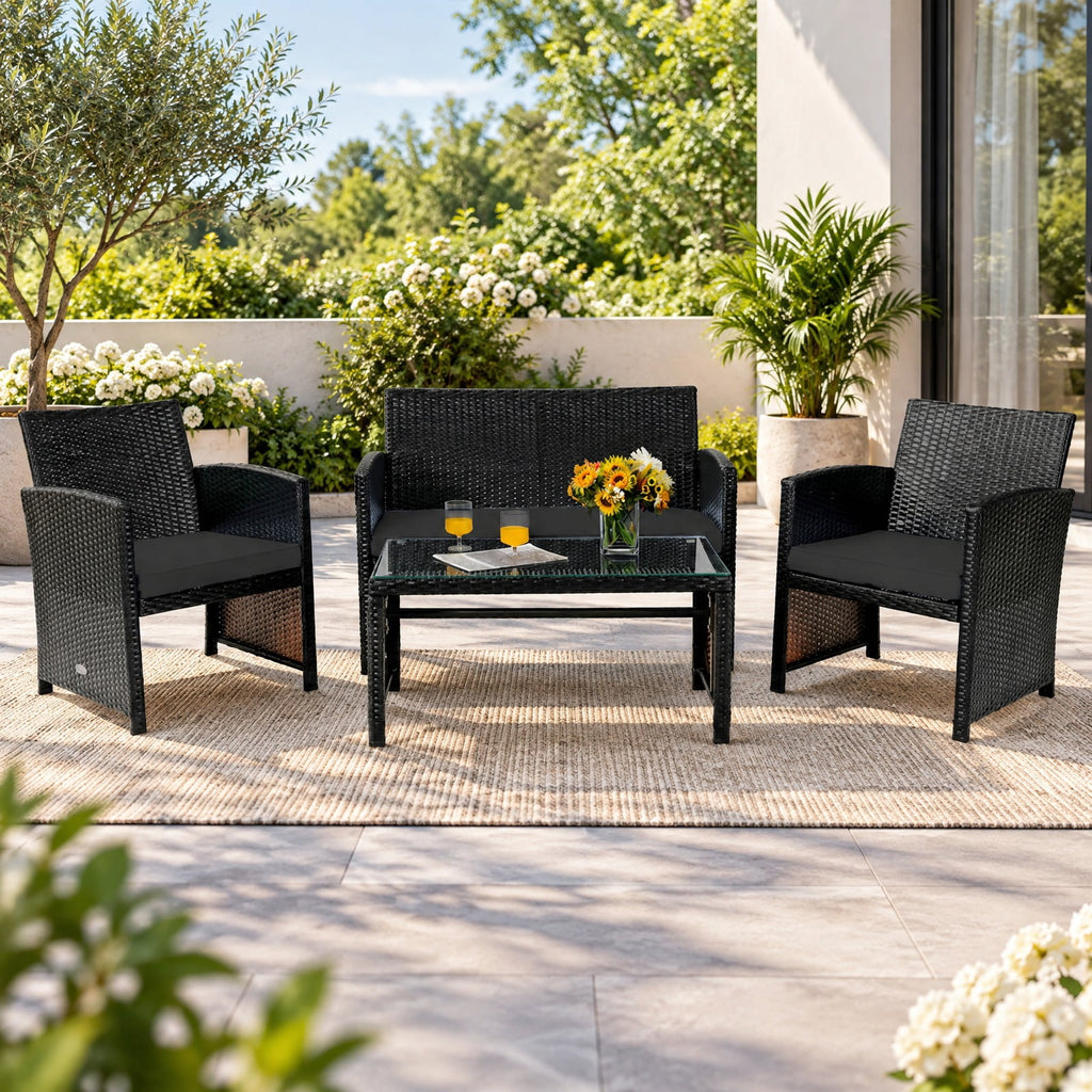 Airfind 4 Pieces Patio Rattan Cushioned Furniture Set with Coffee Table, Rattan Frame, 43.5 x 25 x 31 Footprint, Black
