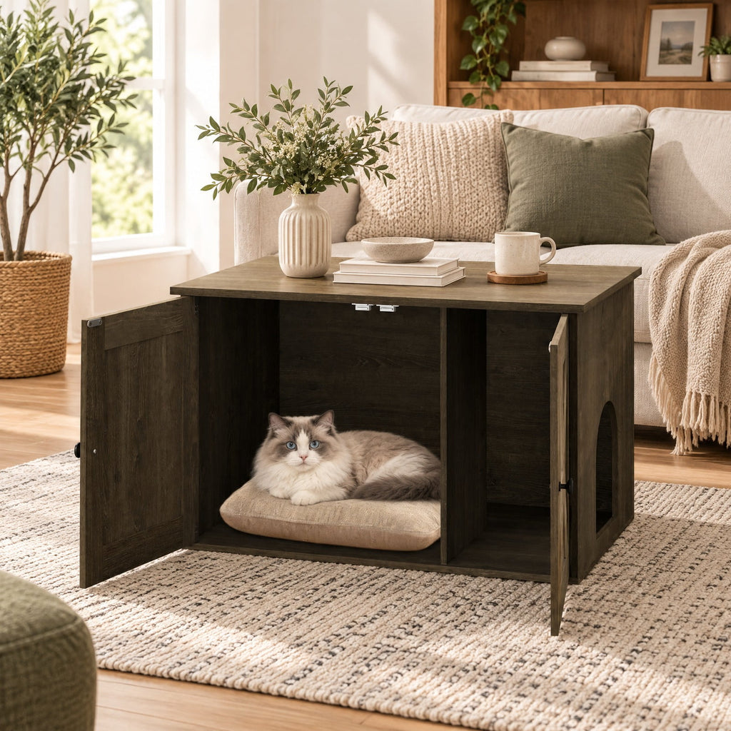 Airfind Hidden Cat Litter Box Enclosure Furniture with Divider, Oak, Large tabletop for plants decorations or storage, Oak/White, for Easy Setup