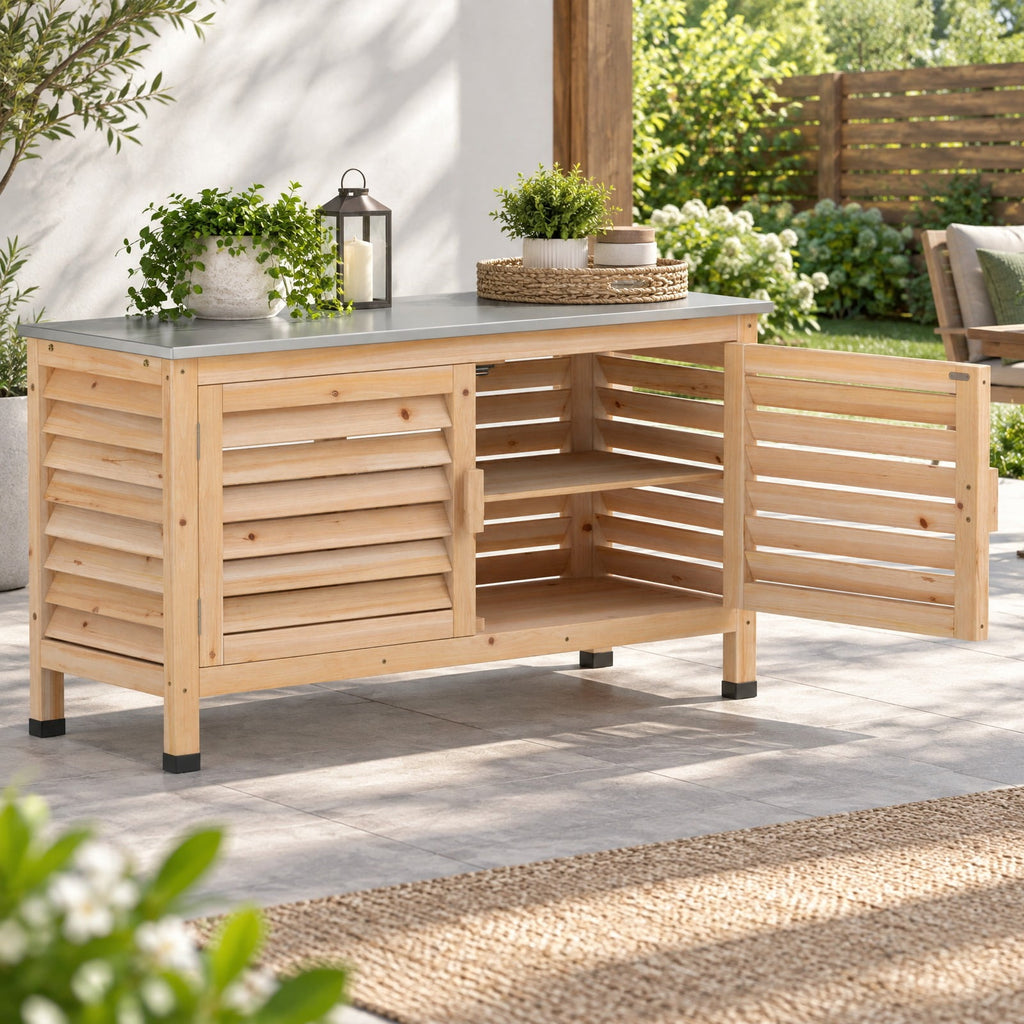 Airfind Patio Storage Cabinet with Stainless Steel Countertop and L-Shaped Shelf for Garden, 66 lbs Capacity, Fir Wood Stainless Steel Rubber Frame