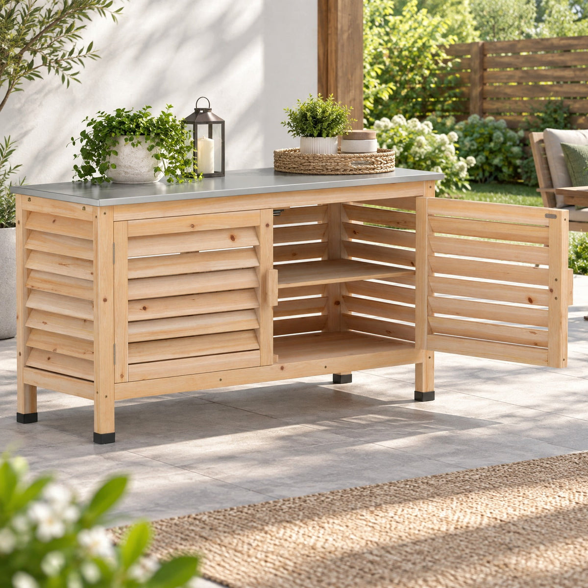 Airfind Patio Storage Cabinet with Stainless Steel Countertop and L-Shaped Shelf for Garden, 66 lbs Capacity, Fir Wood Stainless Steel Rubber Frame
