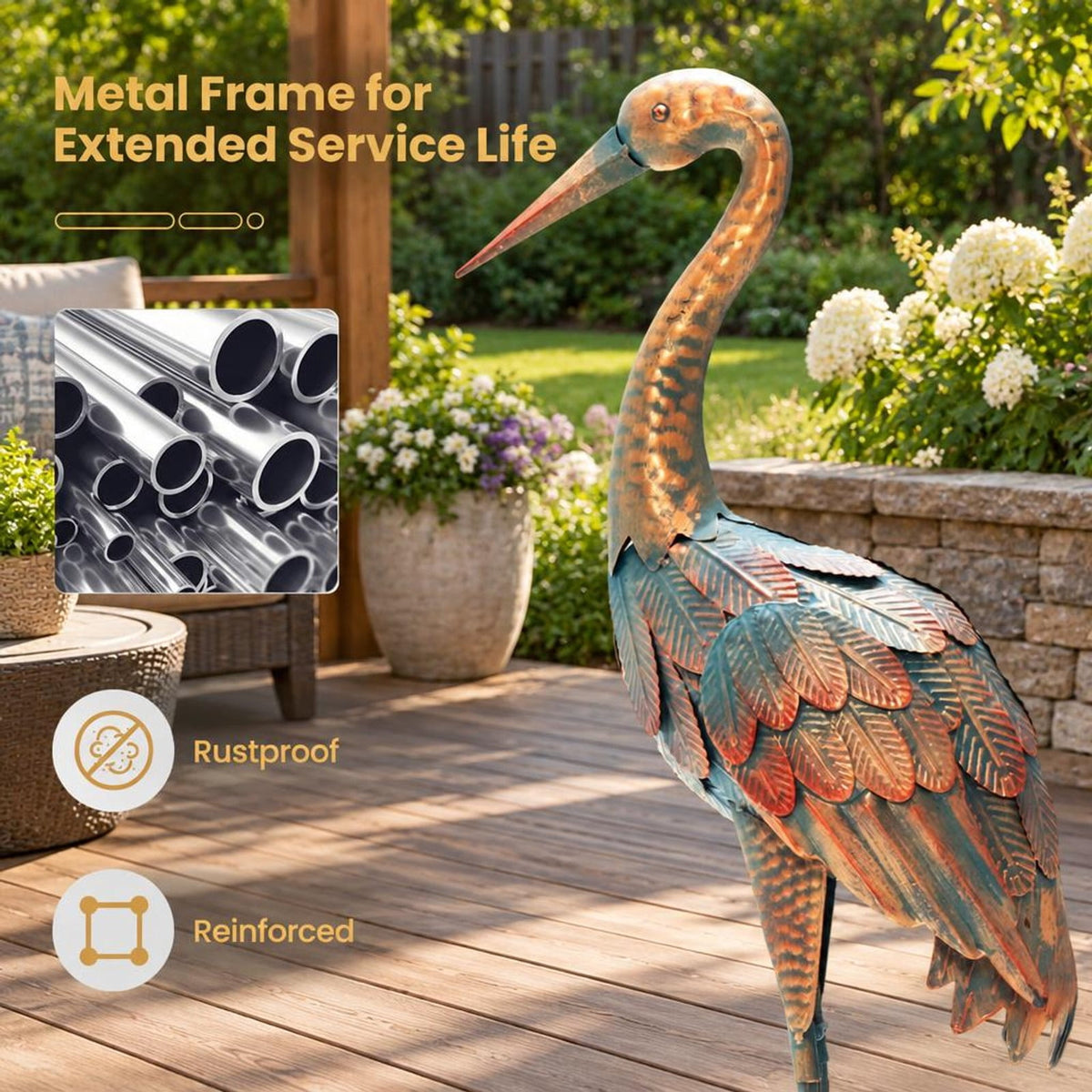 Airfind Set of 2 Crane Garden Statues Standing Metal Crane Sculptures Bird, Metal Frame, 2 standing lawn sculptures in total