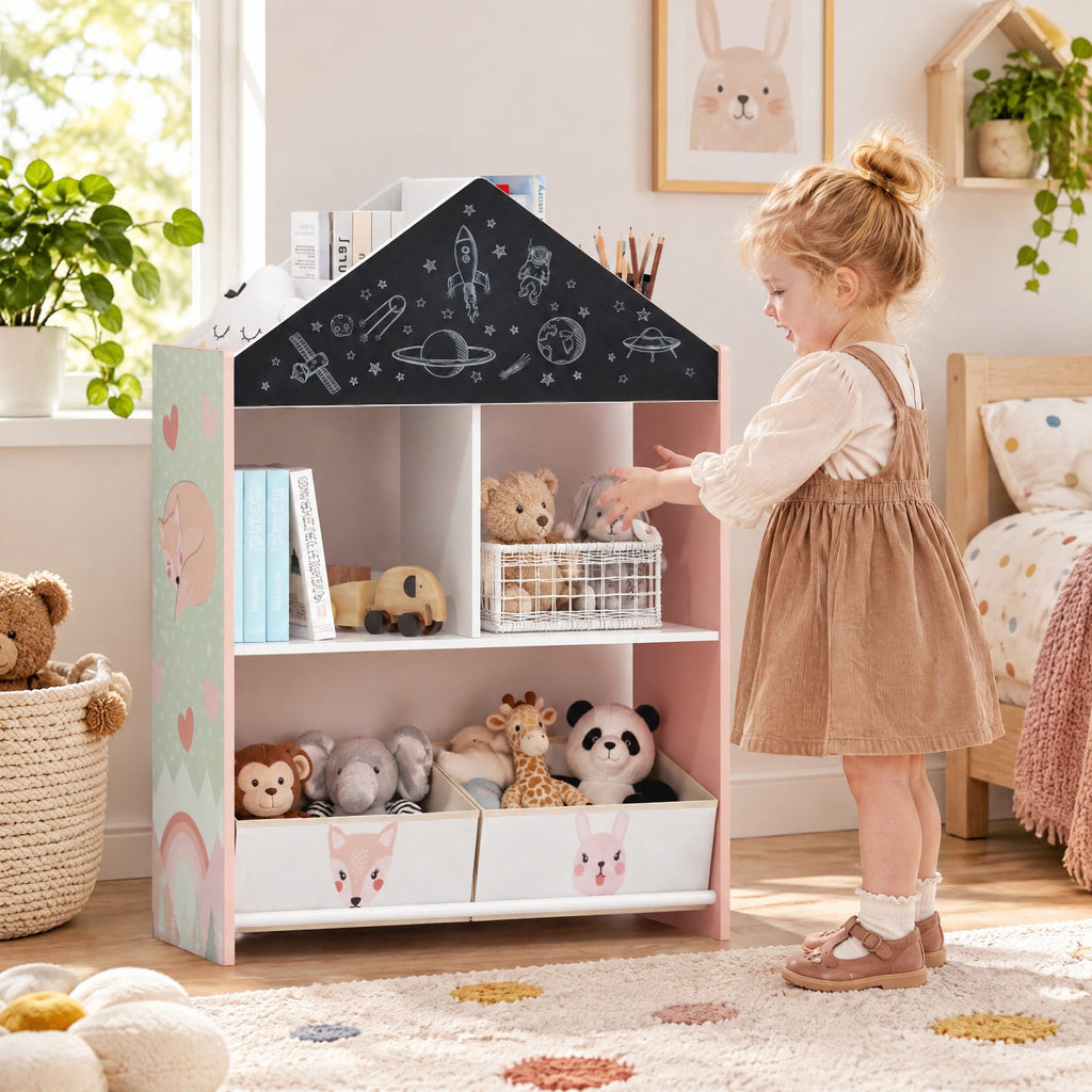 Airfind Playhouse Kids Bookshelf with Chalkboard and Whiteboard for 3-6 Years, MDF Metal Fabric Frame, Pink
