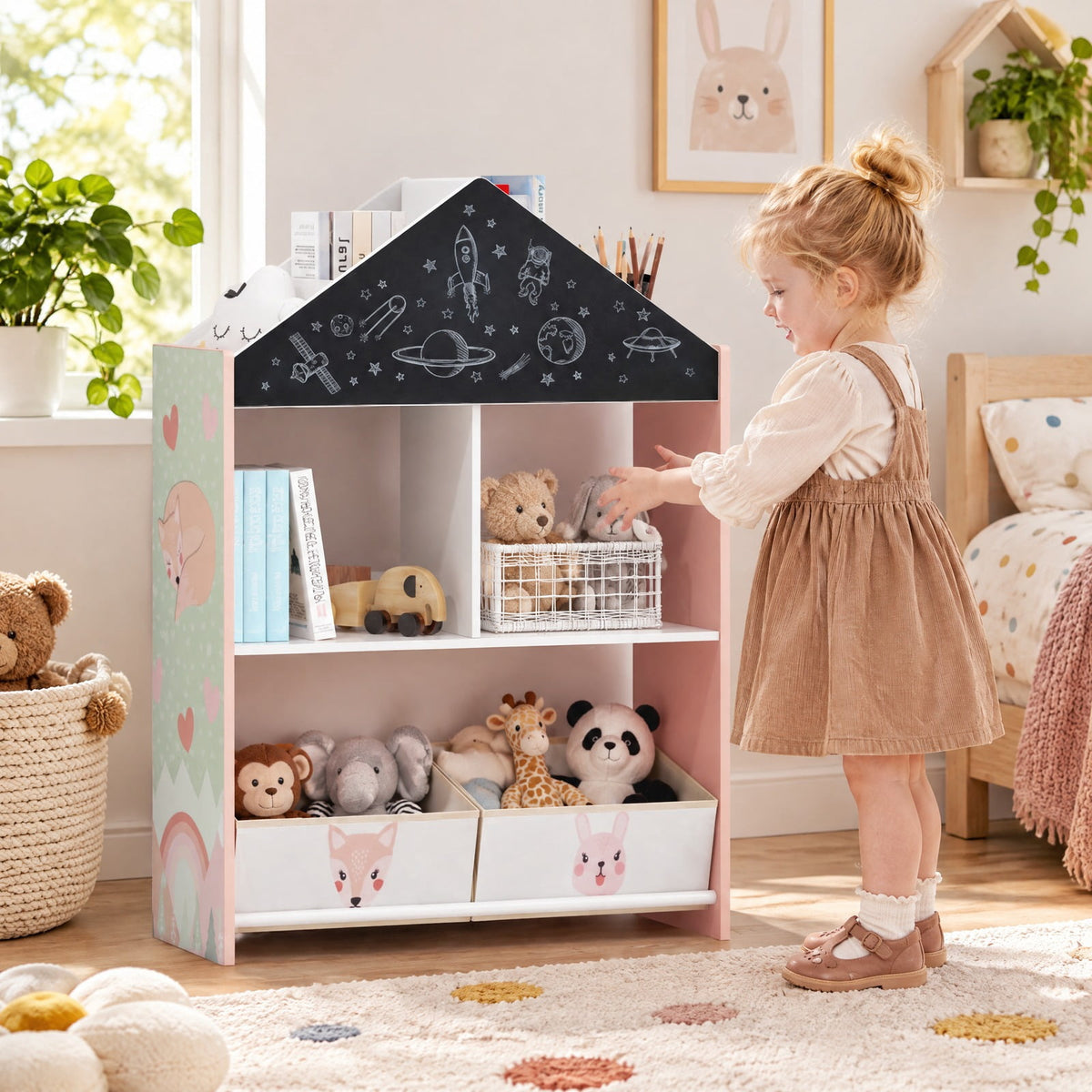 Airfind Playhouse Kids Bookshelf with Chalkboard and Whiteboard for 3-6 Years, MDF Metal Fabric Frame, Pink