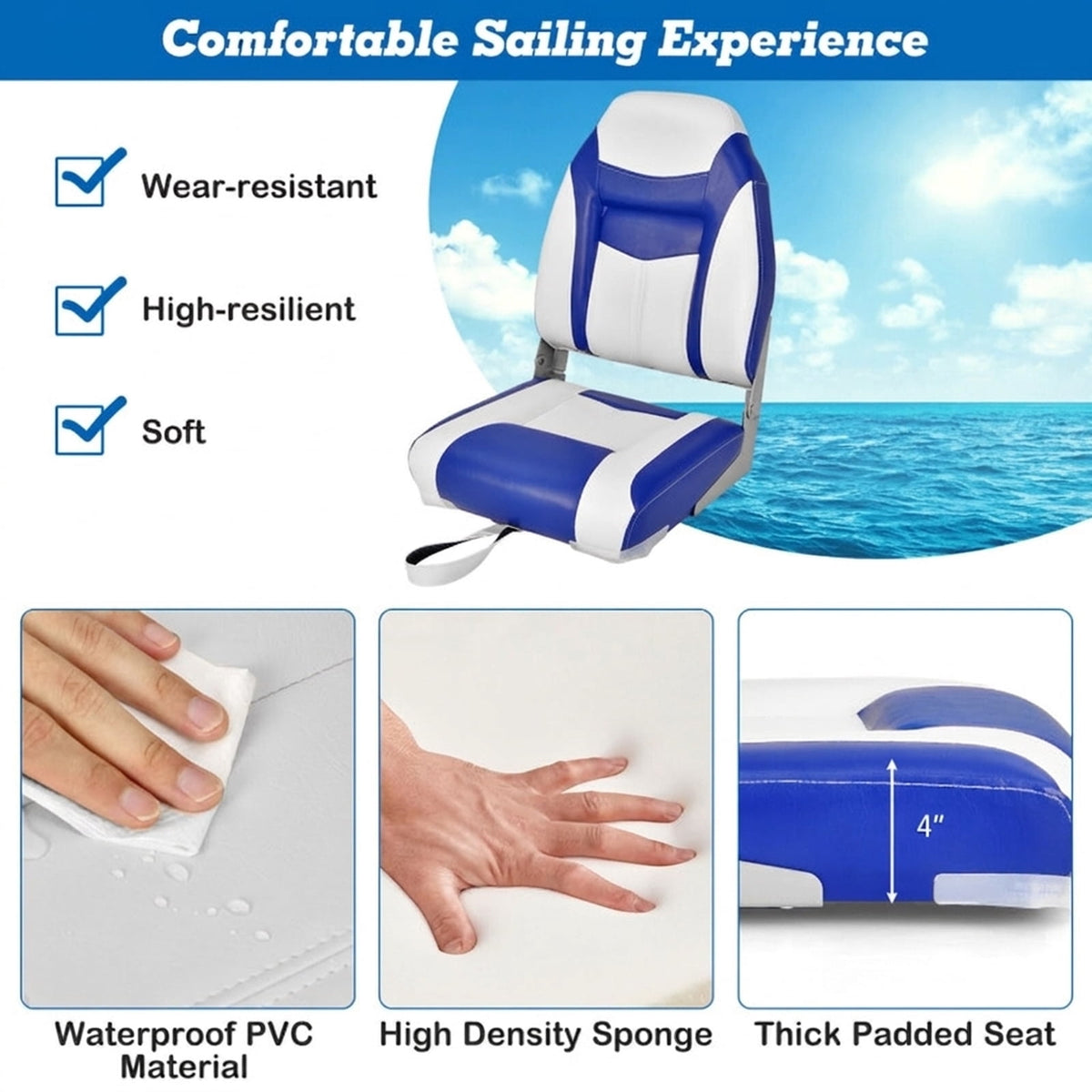 Airfind Folding Boat Seats Set with High Back Ergonomic Support and Waterproof Padded Cushion for Fishing and Pontoon Boats, Blue
