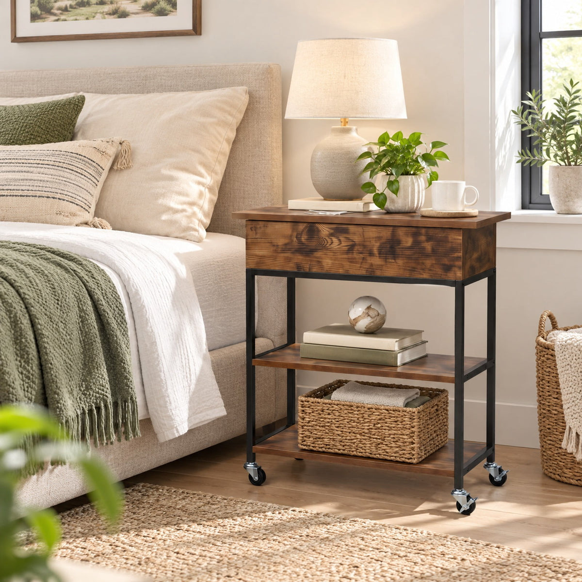 Airfind Lift Top End Table with Charging Station and Universal Wheels, 121 lbs Capacity, Engineered Wood Metal Frame, 24 x 9.5 x 25.5 Footprint