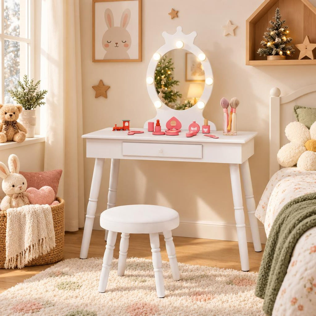 Airfind Kids Vanity Set with Lighted Mirror with Adjustable Brightness and Large Drawer, 110 lbs Capacity, MDF Frame, for 3-7 Years Old, White