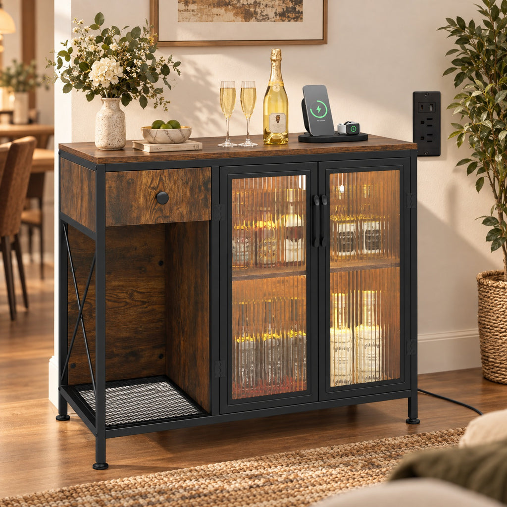 Airfind Buffet Sideboard with Doors, Power Outlets and LED Light, 110 lbs Capacity, Engineered Wood Cabinet for Dining Room, Brown