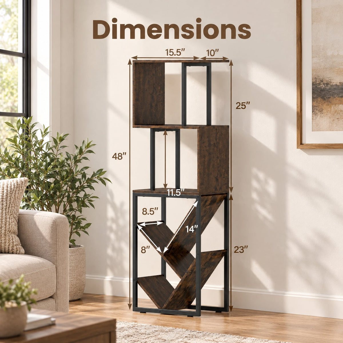 Airfind 6-Tier Bookshelf Floor Standing Tree S-Shaped Geometric Bookcase with Open Shelves, 44 lbs Capacity, Engineered Wood Metal Frame, Brown