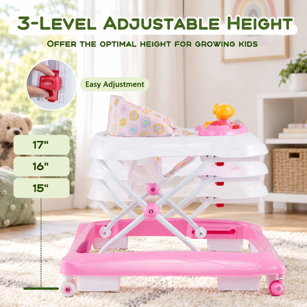 Airfind Foldable Baby Walker with 3 Adjustable Heights and Padded Seat, 26.5 lbs Capacity, PP Frame, for 7-14 months, Pink