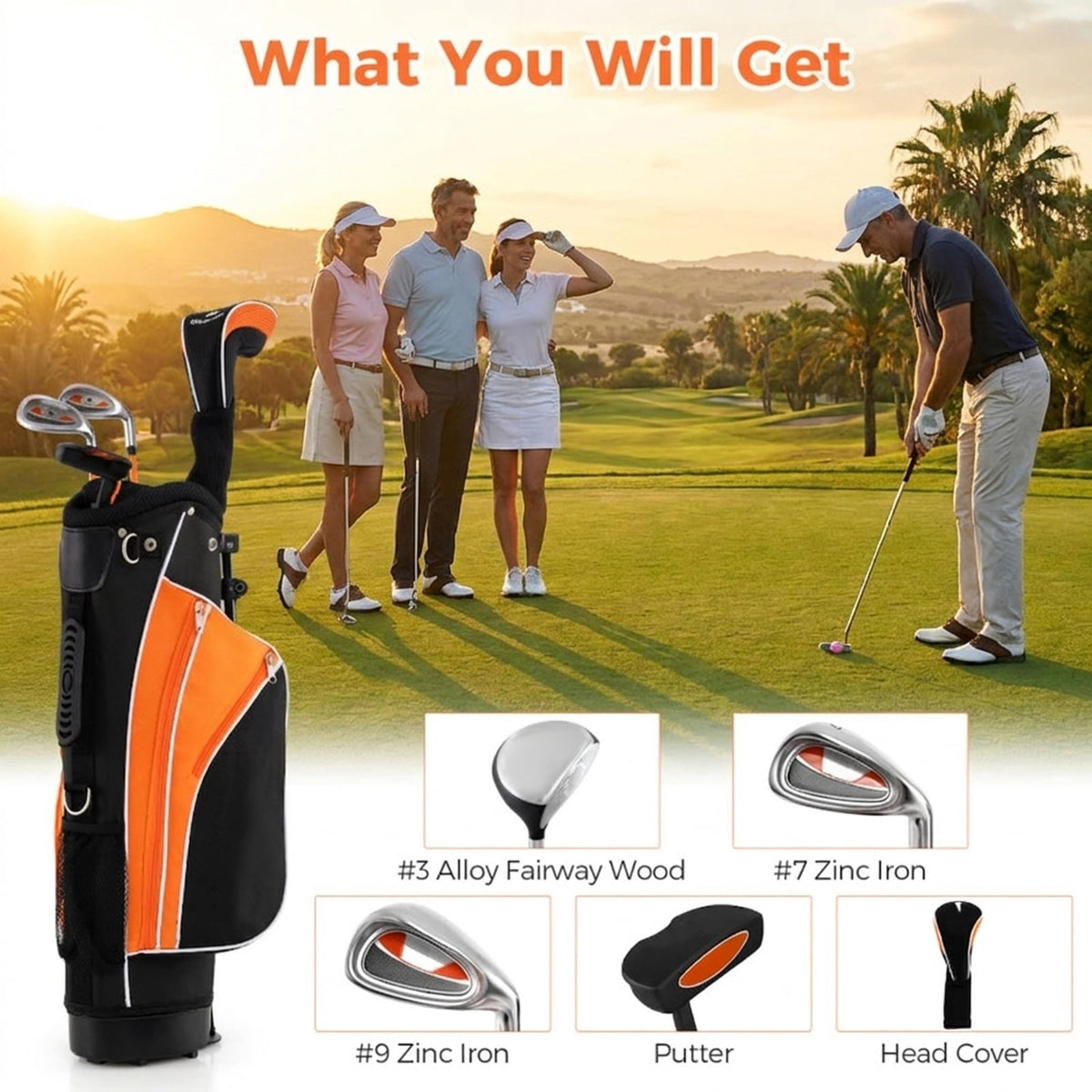 Airfind 5-Piece Junior Golf Club Set for Kids Age 11 to 13 with Stand Bag and Headcover, Orange