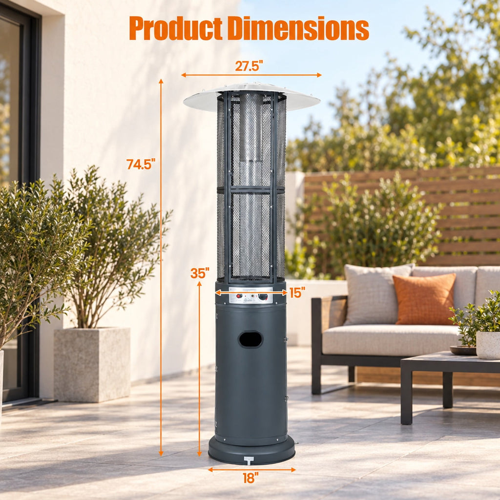 Airfind Outdoor Propane Patio Heater with Glass Tube and Tilt-Over Protection, Metal Frame, 27.5in x 74.5in Footprint, Dark Gray
