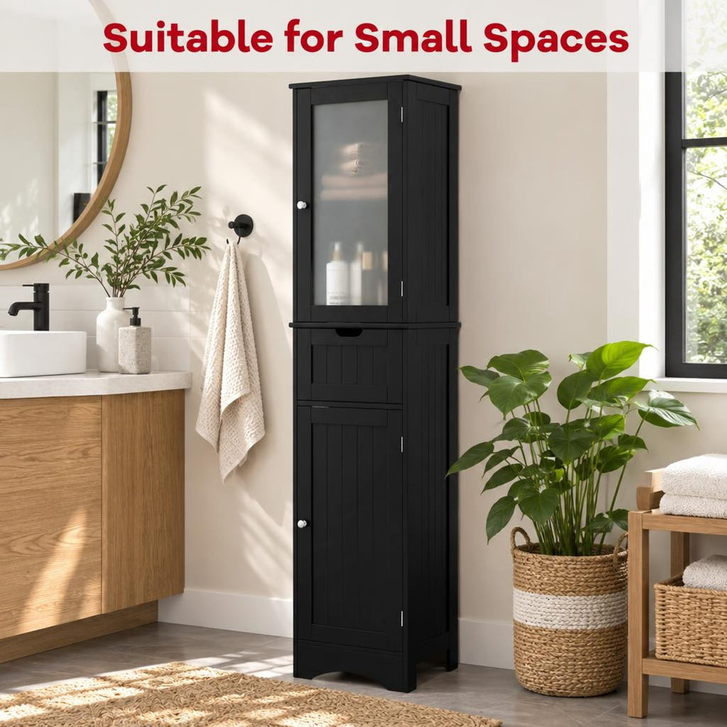 Airfind Tall Floor Storage Cabinet with 2 Doors and 1 Drawer for Bathroom, MDF Tempered Glass Frame, 16in x 12in x 67in Footprint, Black
