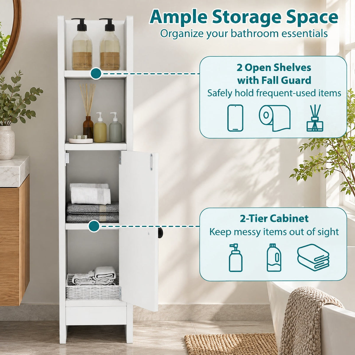 Airfind Bathroom Slim Cabinet Corner with Door and Adjustable Shelf, 44 lbs Capacity, Engineered Wood Frame, White