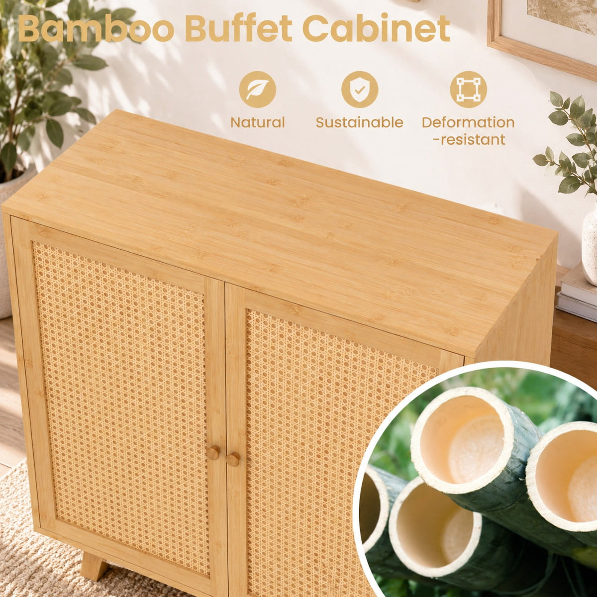 Airfind Bamboo Buffet Storage Cabinet with PE Rattan Doors and Freestanding Kitchen Cupboard, 110 lbs Capacity, Bamboo PE Rattan Frame, Natural