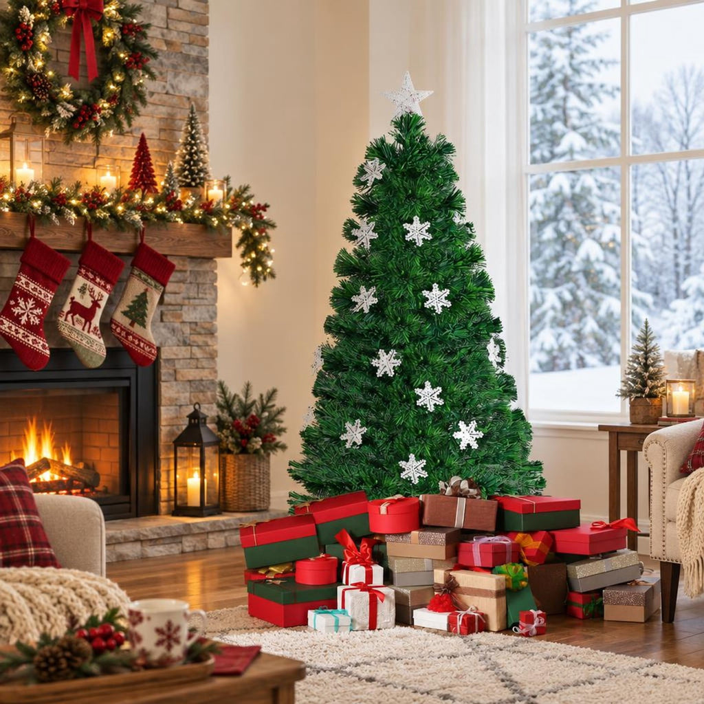 Airfind LED Optic Artificial Christmas Tree with Snowflakes-4 Feet, PVC Frame, 2.4 x 5 (Diameter x H) Height: 5 ft Weight: About 8 lbs Footprint