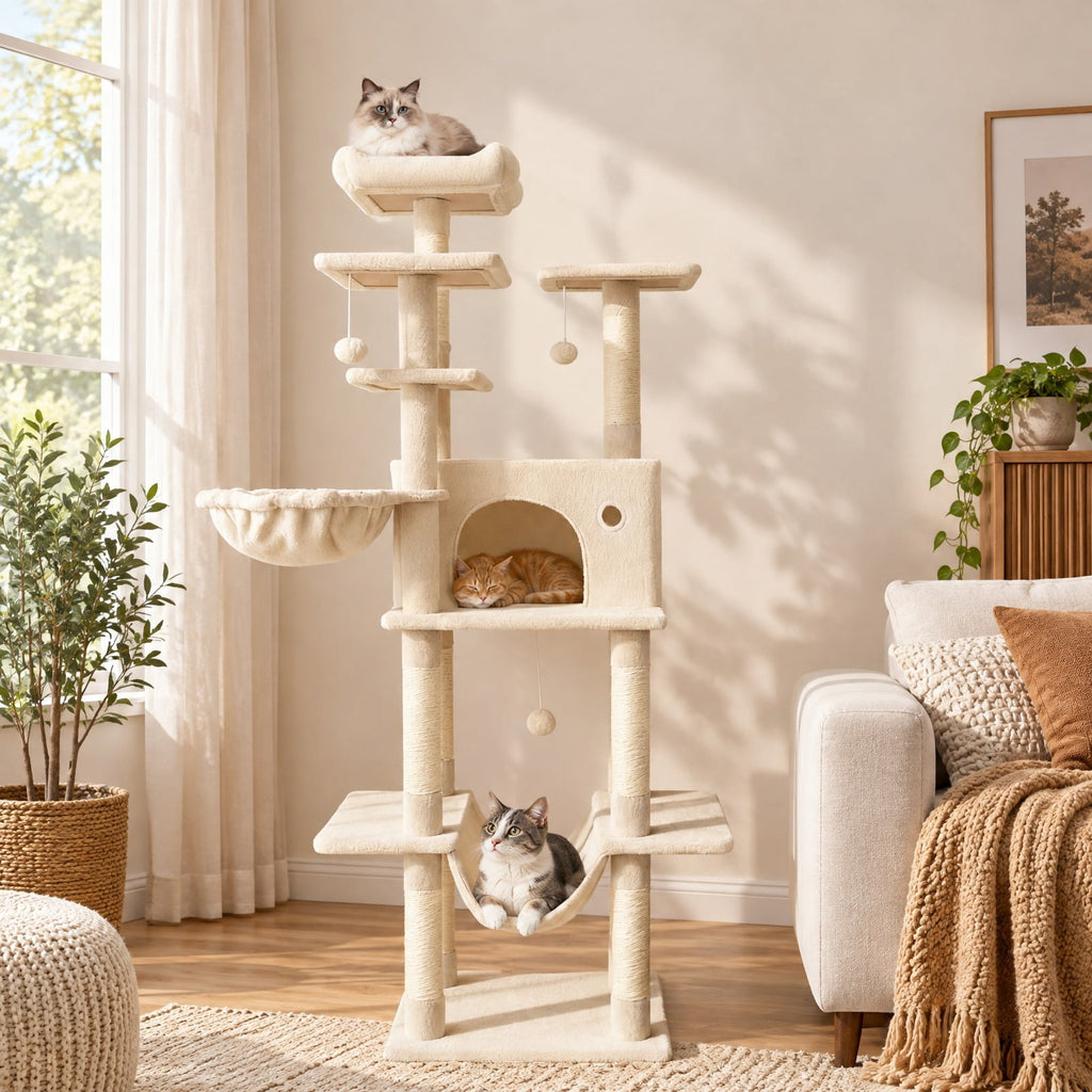 Airfind Large Cat Tree for Indoor Cats 63 Inch Tall Cat Tower, Plush Fabric Sisal Engineered Wood Base Frame, Beige