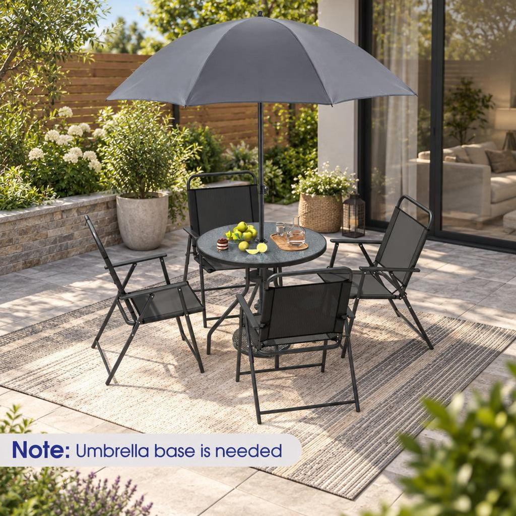 Airfind 6 Pieces Patio Dining Set Folding Chairs Glass Table Tilt Umbrella for Garden, 110 lbs Capacity, Steel fabric tempered glass Frame, Grey