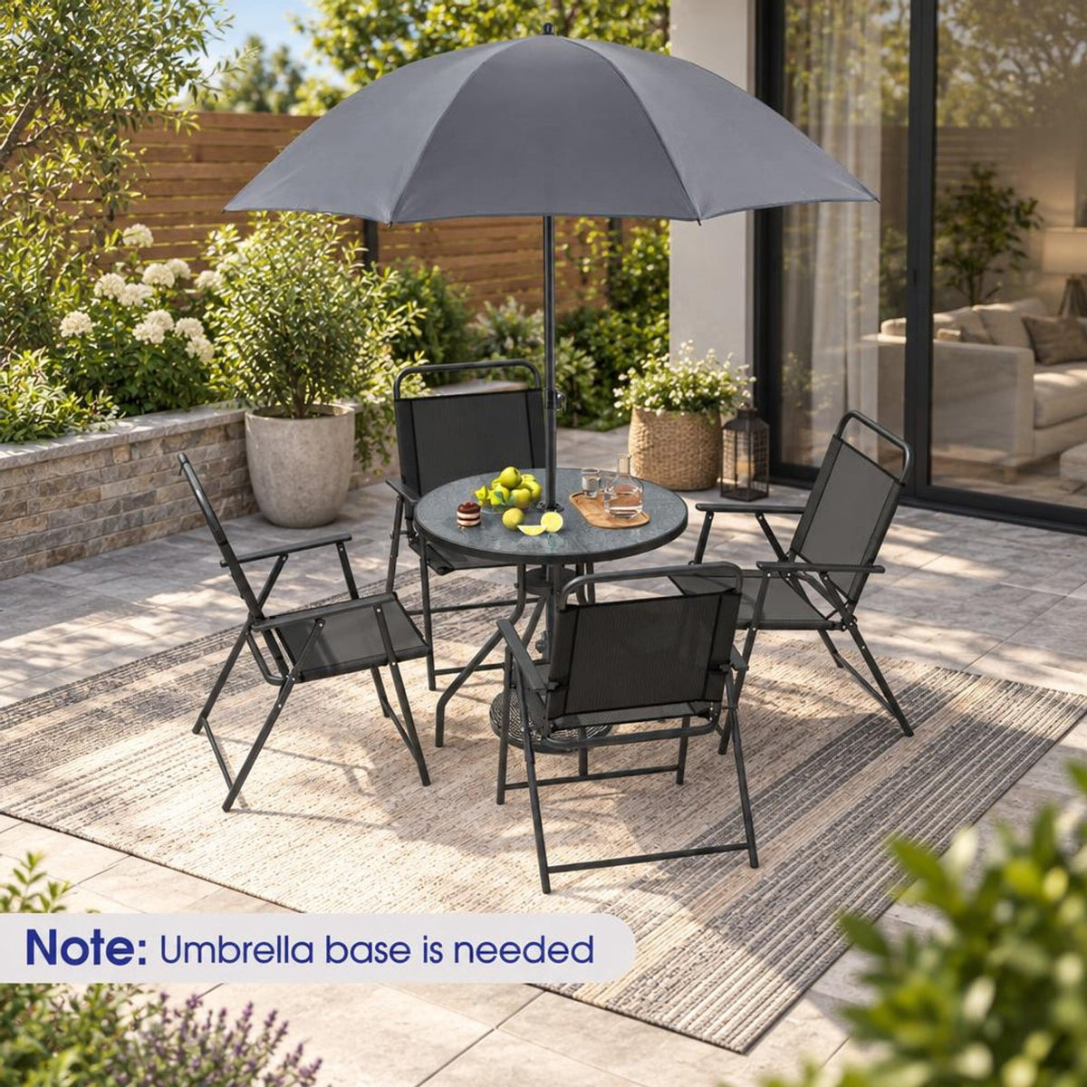 Airfind 6 Pieces Patio Dining Set Folding Chairs Glass Table Tilt Umbrella for Garden, 110 lbs Capacity, Steel fabric tempered glass Frame, Grey
