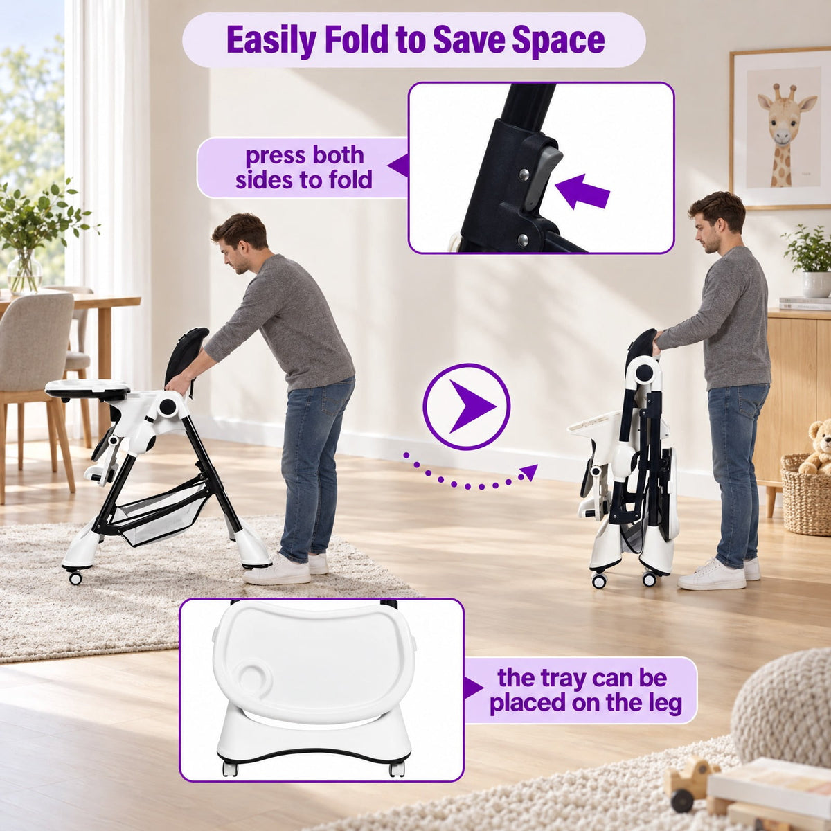 Airfind A-Shaped High Chair with 4 Lockable Wheels, 50 lbs Capacity, Iron Frame, for 0-36 months, 22 x 26 x 32 Footprint, Black
