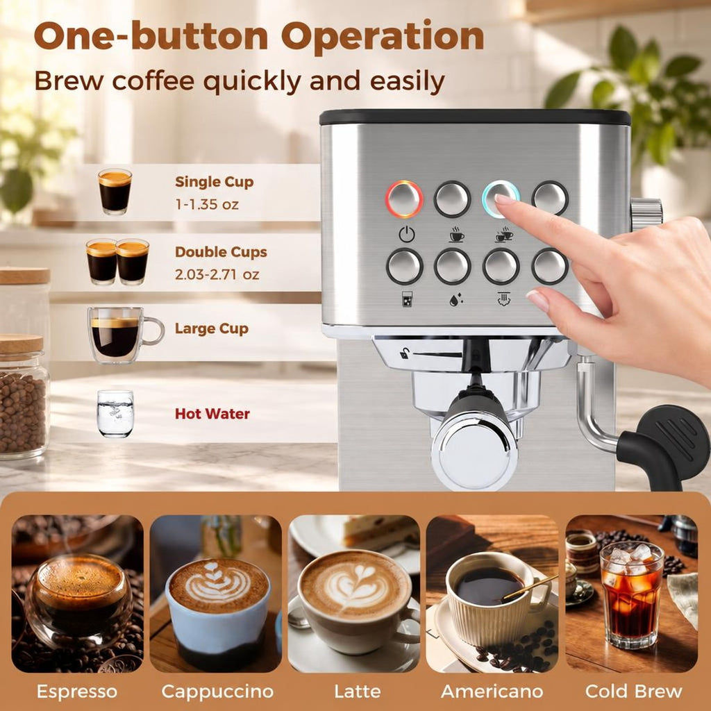 Airfind Espresso Machine 20 Bar Compact Stainless Steel Coffee Maker with Milk Frother, PP ABS Stainless Steel for Convenient Everyday Use, Silver