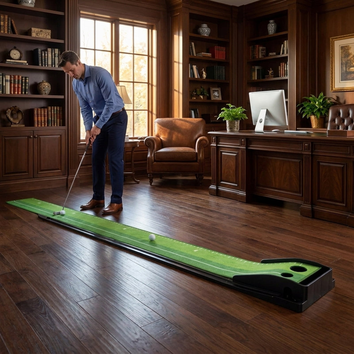 Airfind 9.4 ft Putting Green Mat with Side Auto-Return Track, 2 Hole Sizes and 3 Balls, Green