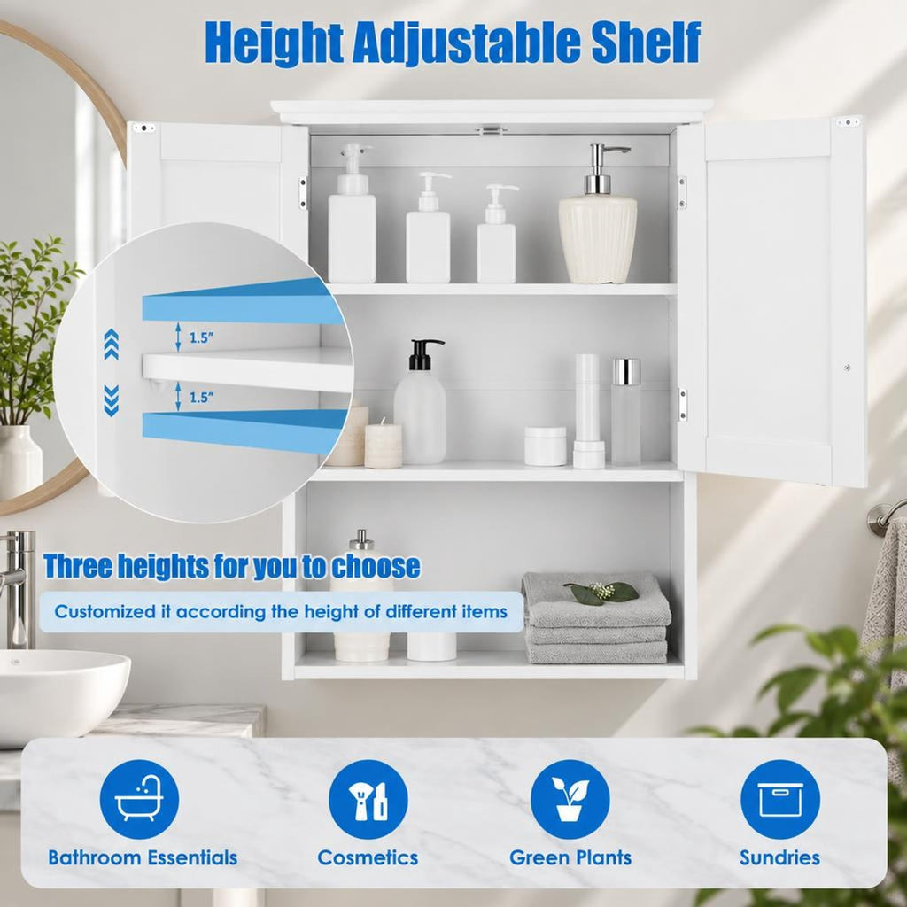 Airfind 2-Door Wall Mount Bathroom Storage Cabinet with Open Shelf, MDF Metal Frame, White, Overall dimension 23.5in x 8in x 28in(L x W