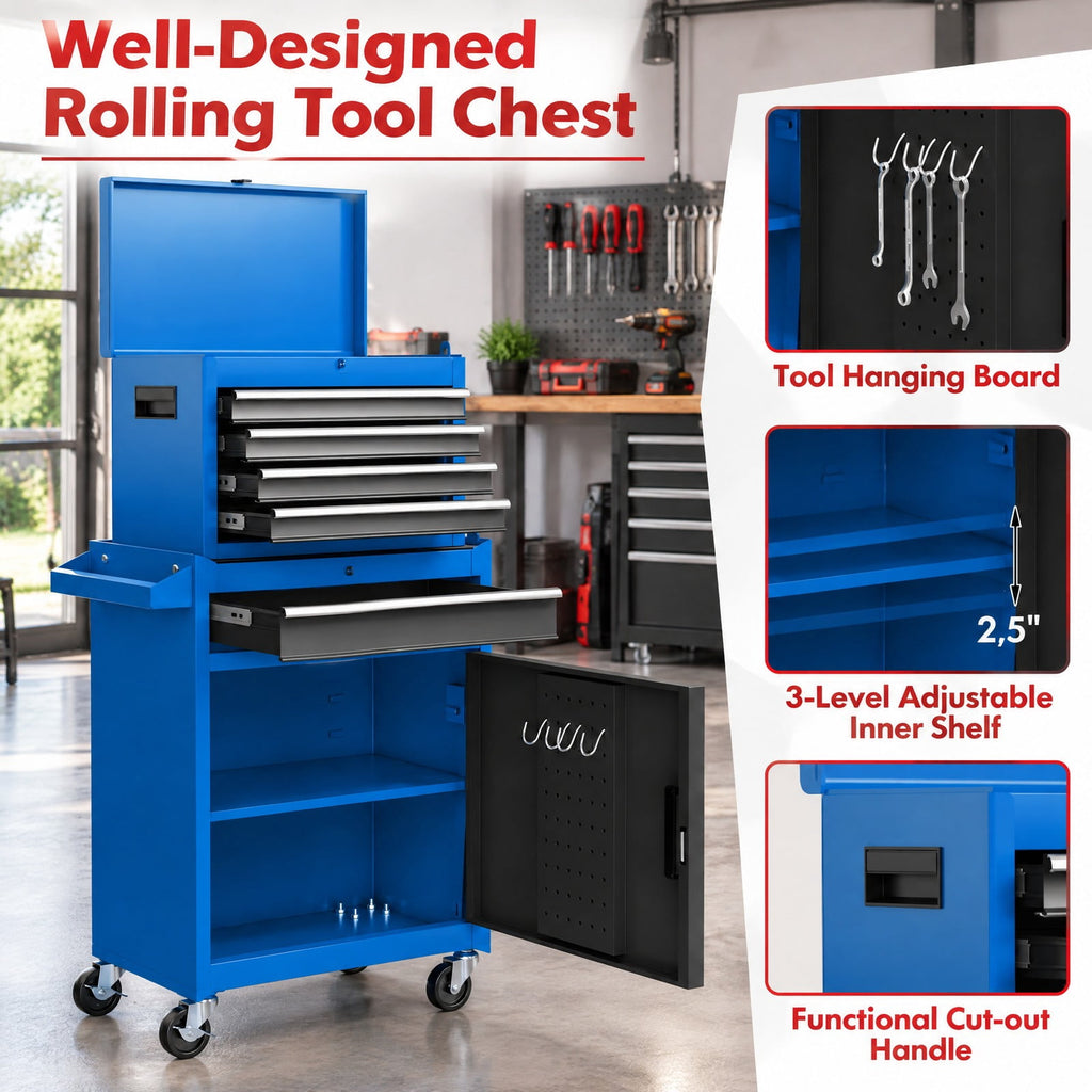 Airfind 2-in-1 Rolling Tool Chest with 5 Sliding Lockable Drawers, 220.5 lbs Capacity, Steel rubber-plastic synthetic Frame, Navy