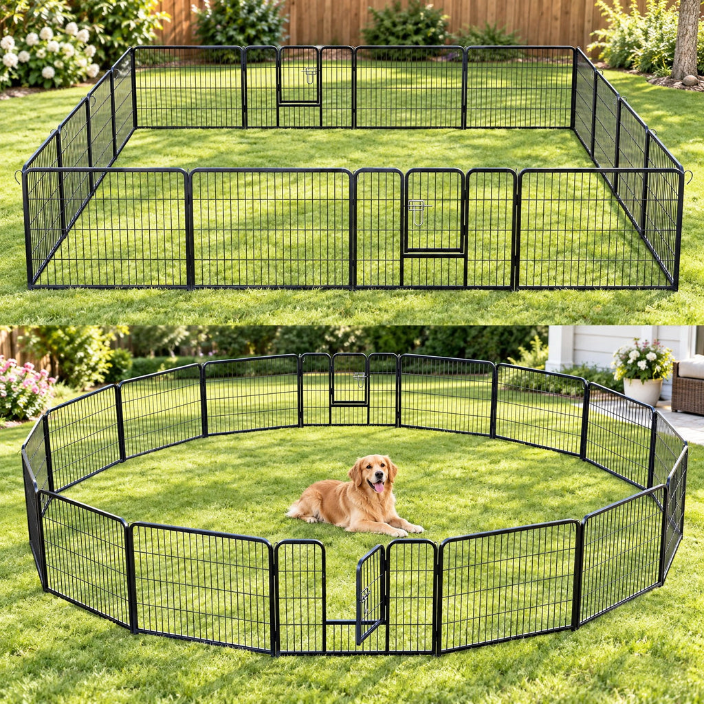 Airfind 16 Panel 24/32/40 Inches Height Dog Playpen with Lock and Large Door-24 inches, Metal Frame, Black