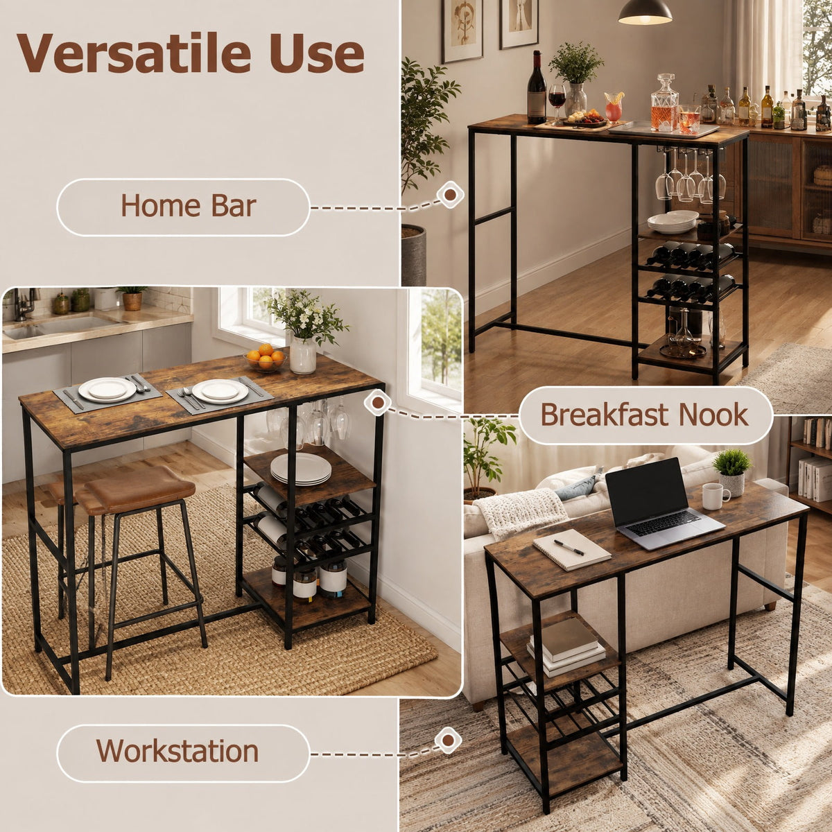 Airfind Long Bar Table Bar Height Dining Table with Storage Shelves, 190 Lbs Capacity, Engineered Wood Metal, 48 Inch X 16 Inch X 41.5 Inch, Brown