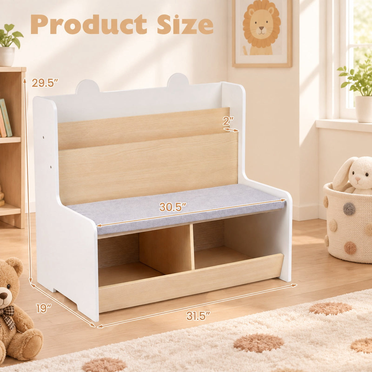 Airfind Kids Reading Nook with Bench Bookshelf and 2 Cubbies, 132 lbs Capacity, MDF Fabric Sponge Frame, White