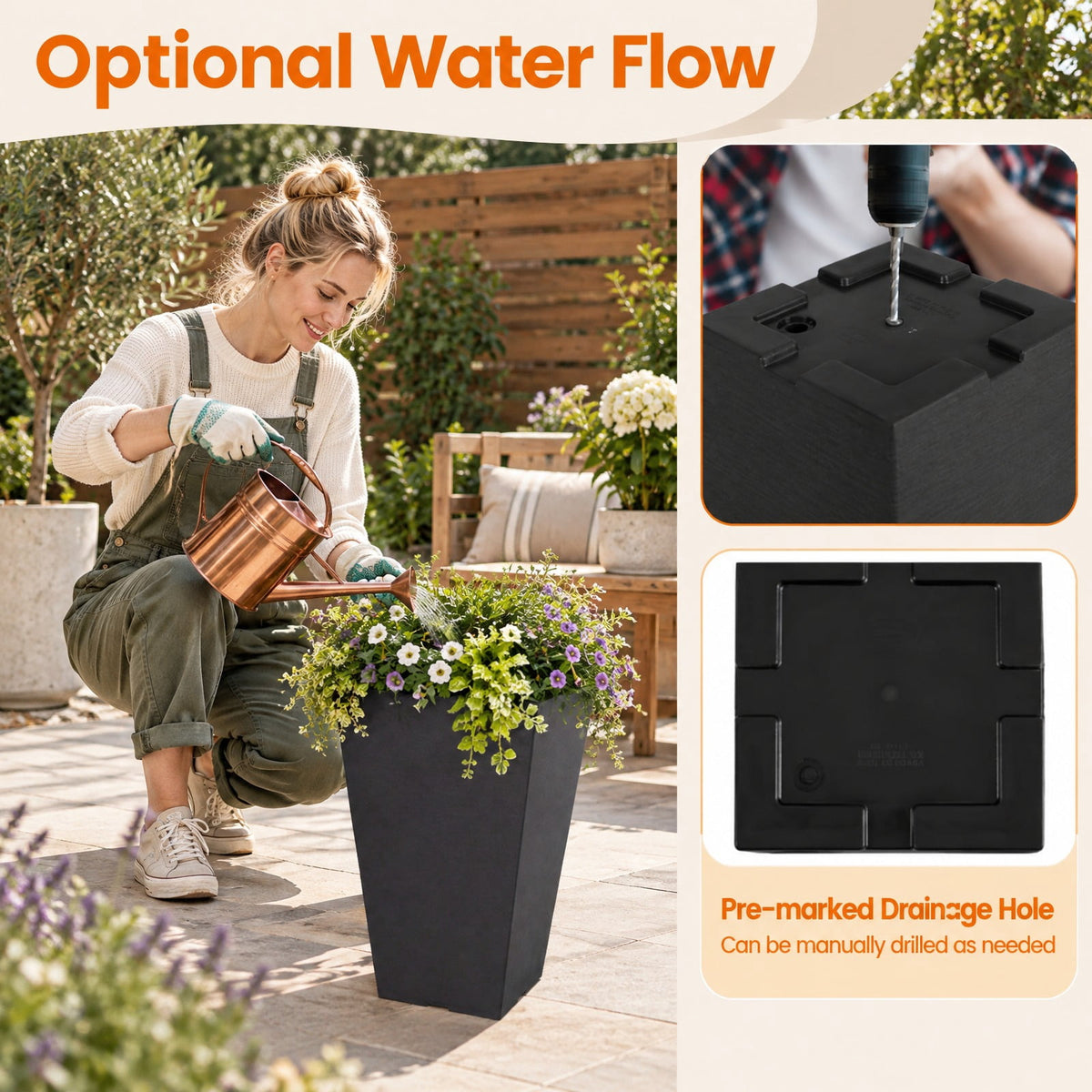 Airfind 22.5 inch Tall Square Planter Set of 2 Self-Watering Flower Pots with Removable Inner Bucket, PP Frame, 11.5 x 11.5 x 22.5 Footprint