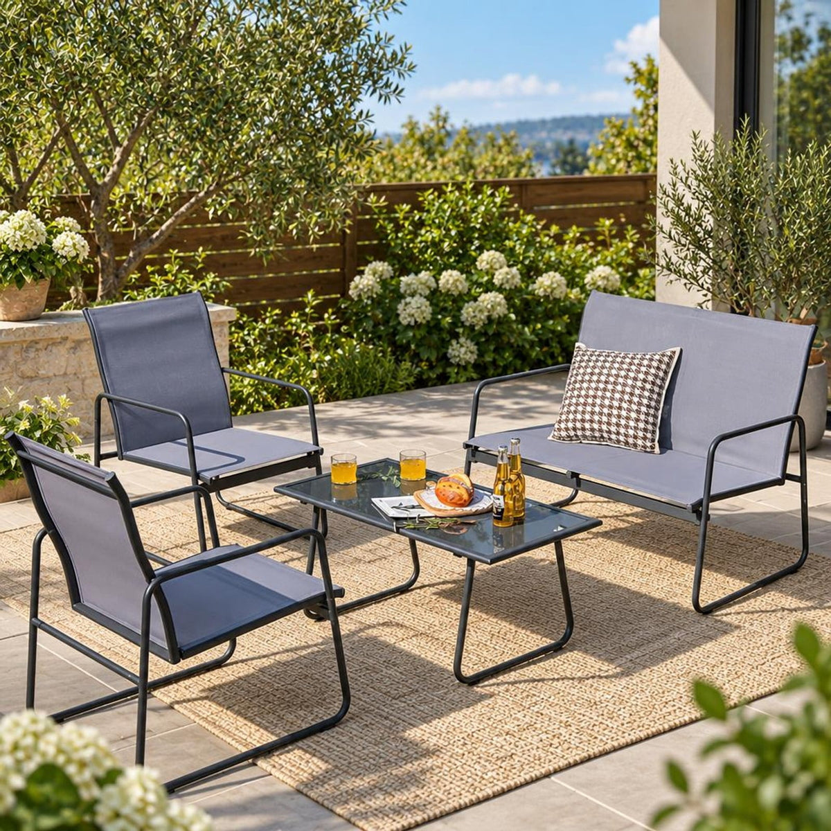 Airfind 4 Pieces of Metal Patio Furniture Chat Set with Tempered Glass Coffee Table, 660 lbs Capacity, Steel fabric Frame, 38 x 19 x 17 Footprint