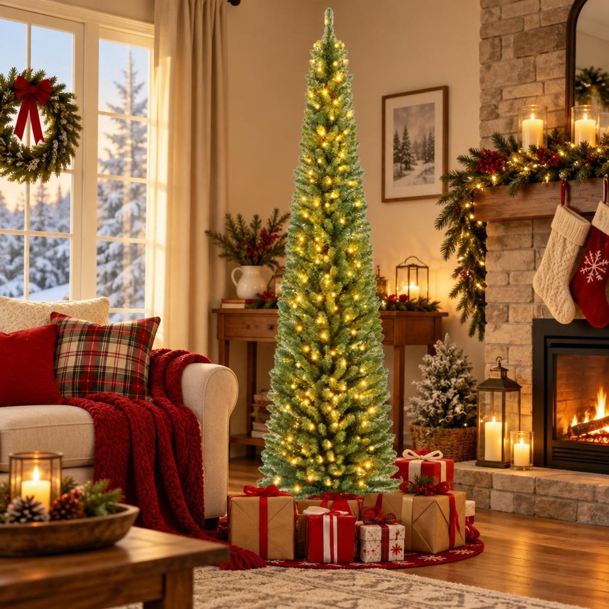Airfind 8 Ft Prelit Pencil Christmas Tree featuring 250 Warm White LED Lights, Slim Artificial Xmas Tree with 671 Memory Wire Branch Tips, Green