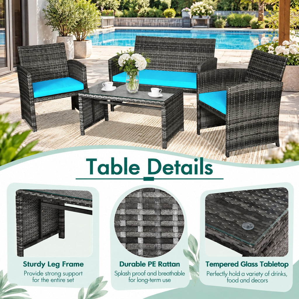 Airfind 4 Pieces Patio Rattan Furniture Set with Cushions, PE Rattan Polyester Fiber Steel Sponge Single Sofa Frame, Turquoise