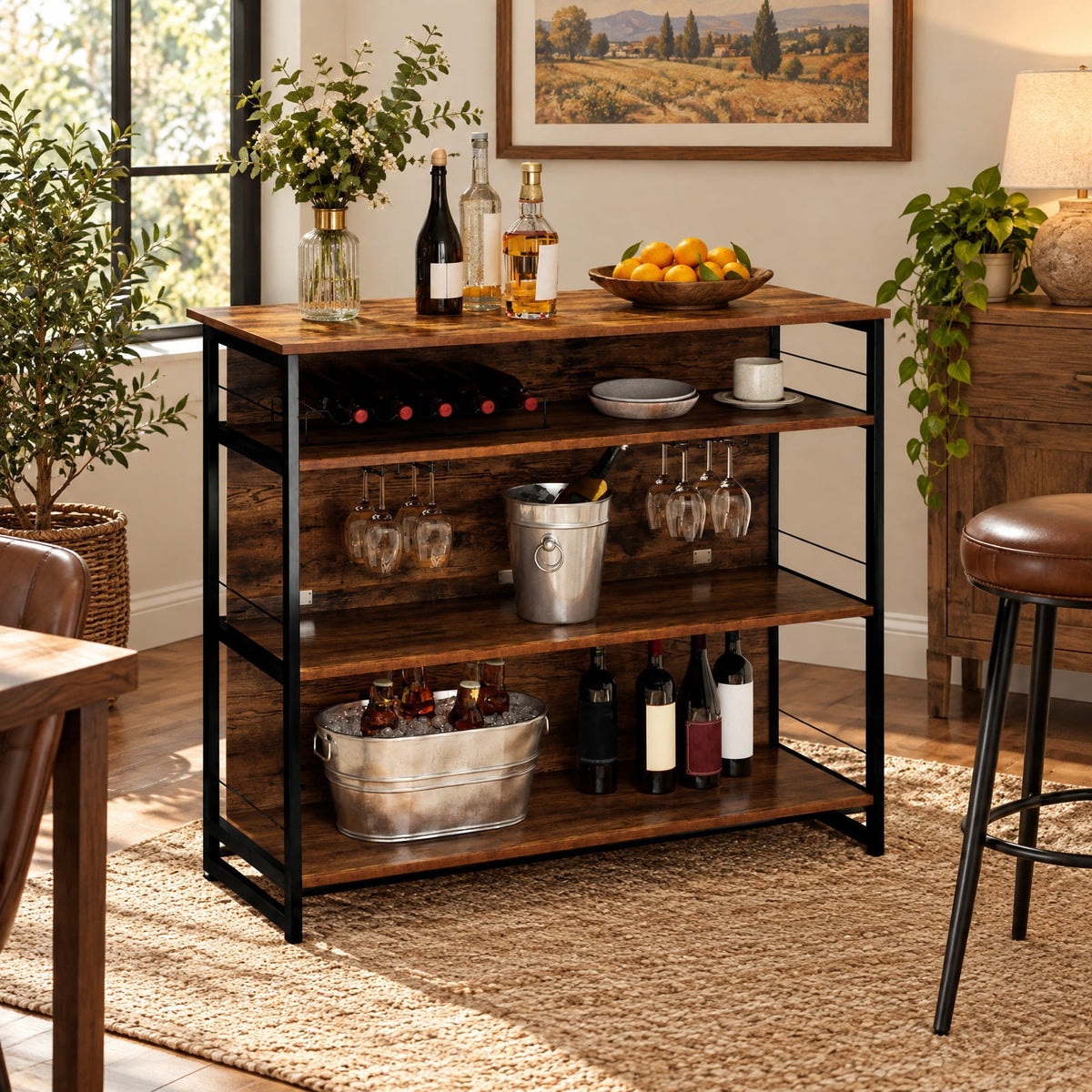 Airfind 4-Tier Mini Bar Kitchen Island with Footrest and Wine Rack, 44 lbs Capacity, Engineered Board Metal Frame, 47 Inch x 23.5 Inch x 40 Inch Footprint